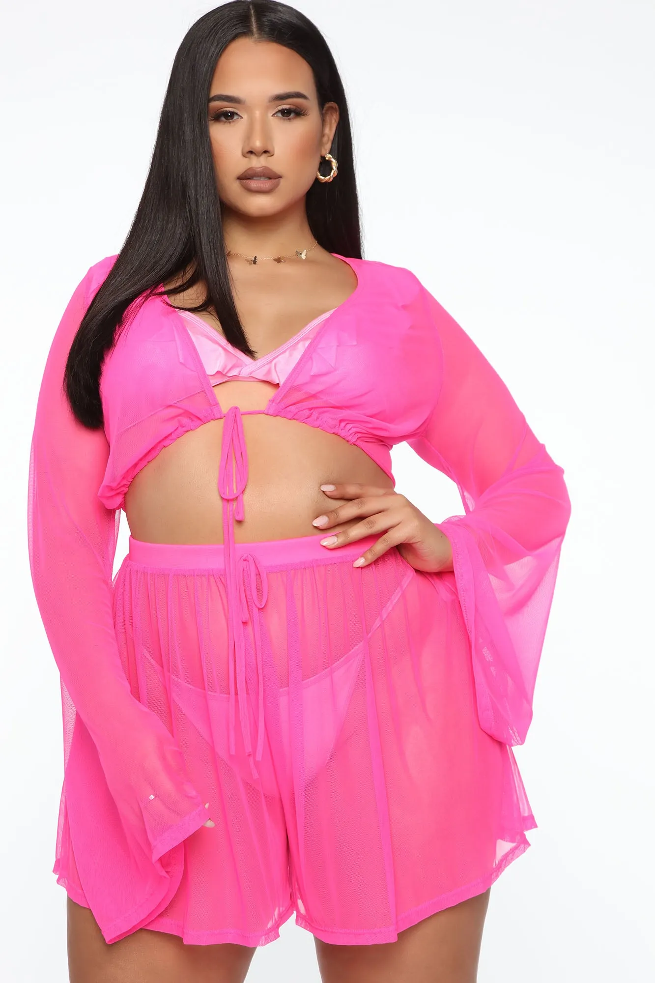 Beach Calling 2 Piece Mesh Cover Up Set - Neon Pink