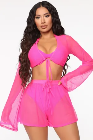 Beach Calling 2 Piece Mesh Cover Up Set - Neon Pink