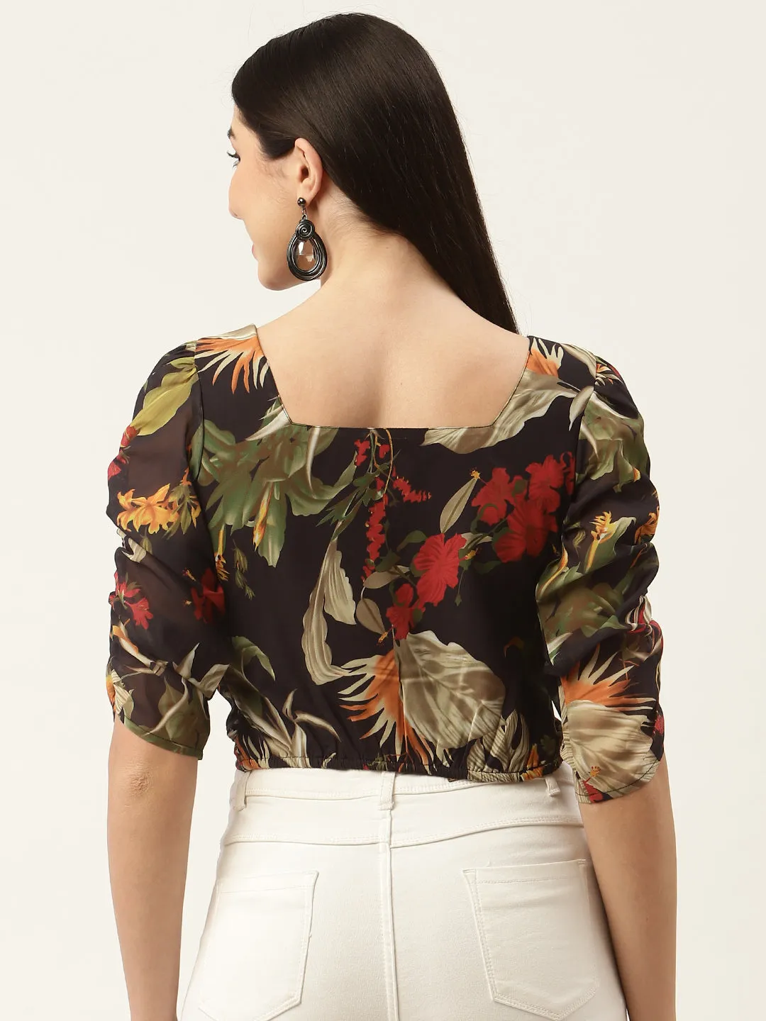 Black & Olive Green Floral Print Georgette Crop Top