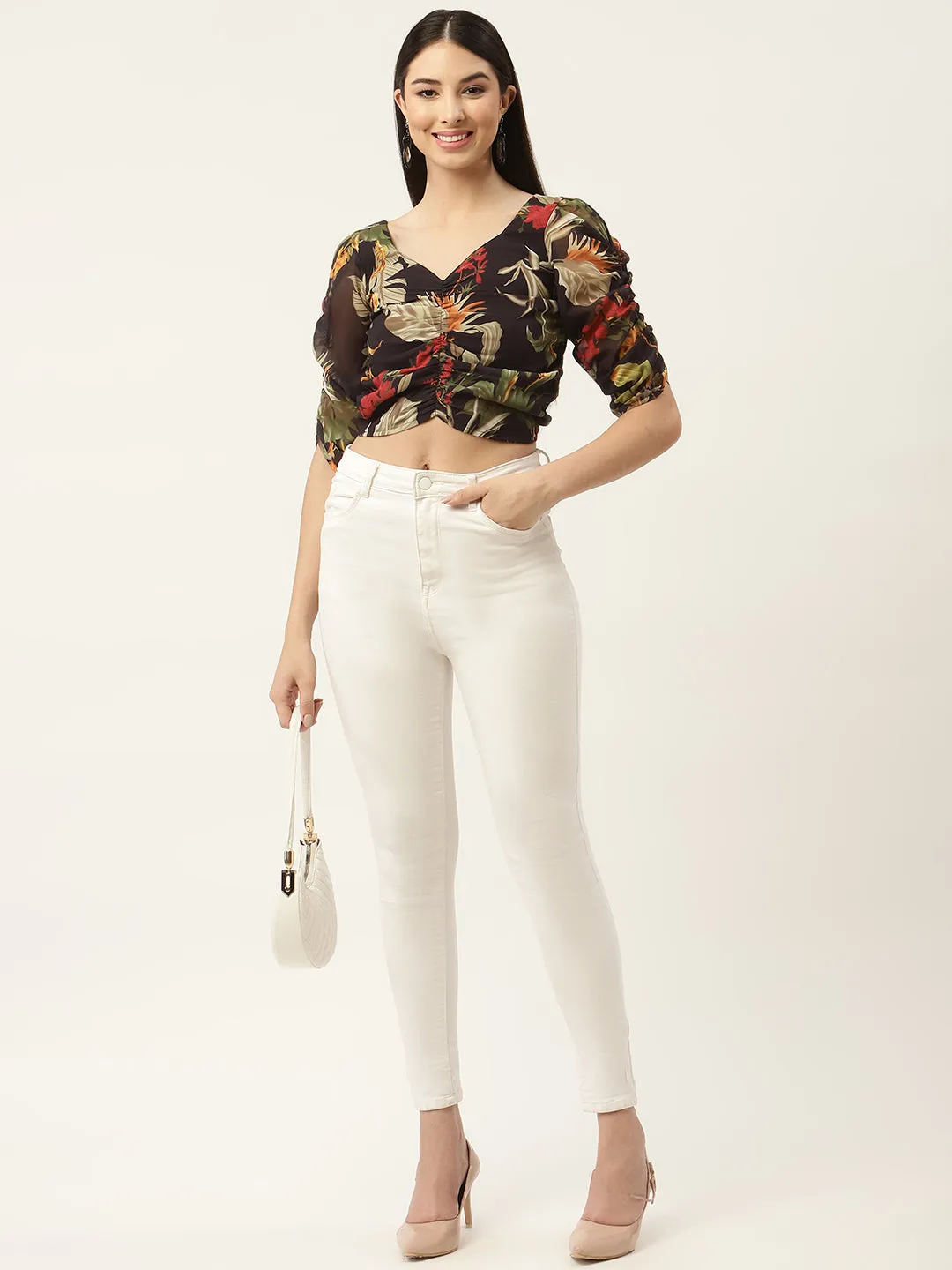 Black & Olive Green Floral Print Georgette Crop Top