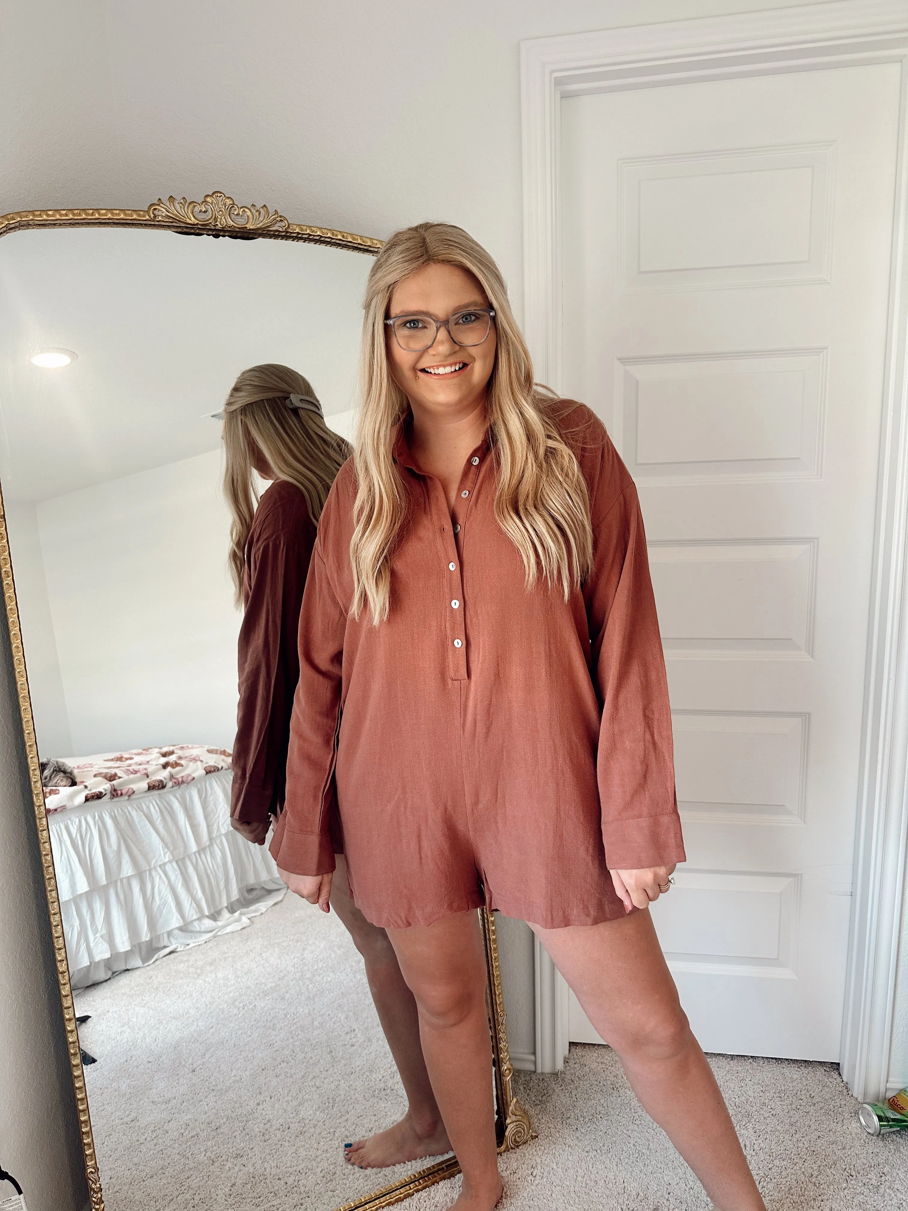 Button Up Romper - Brick