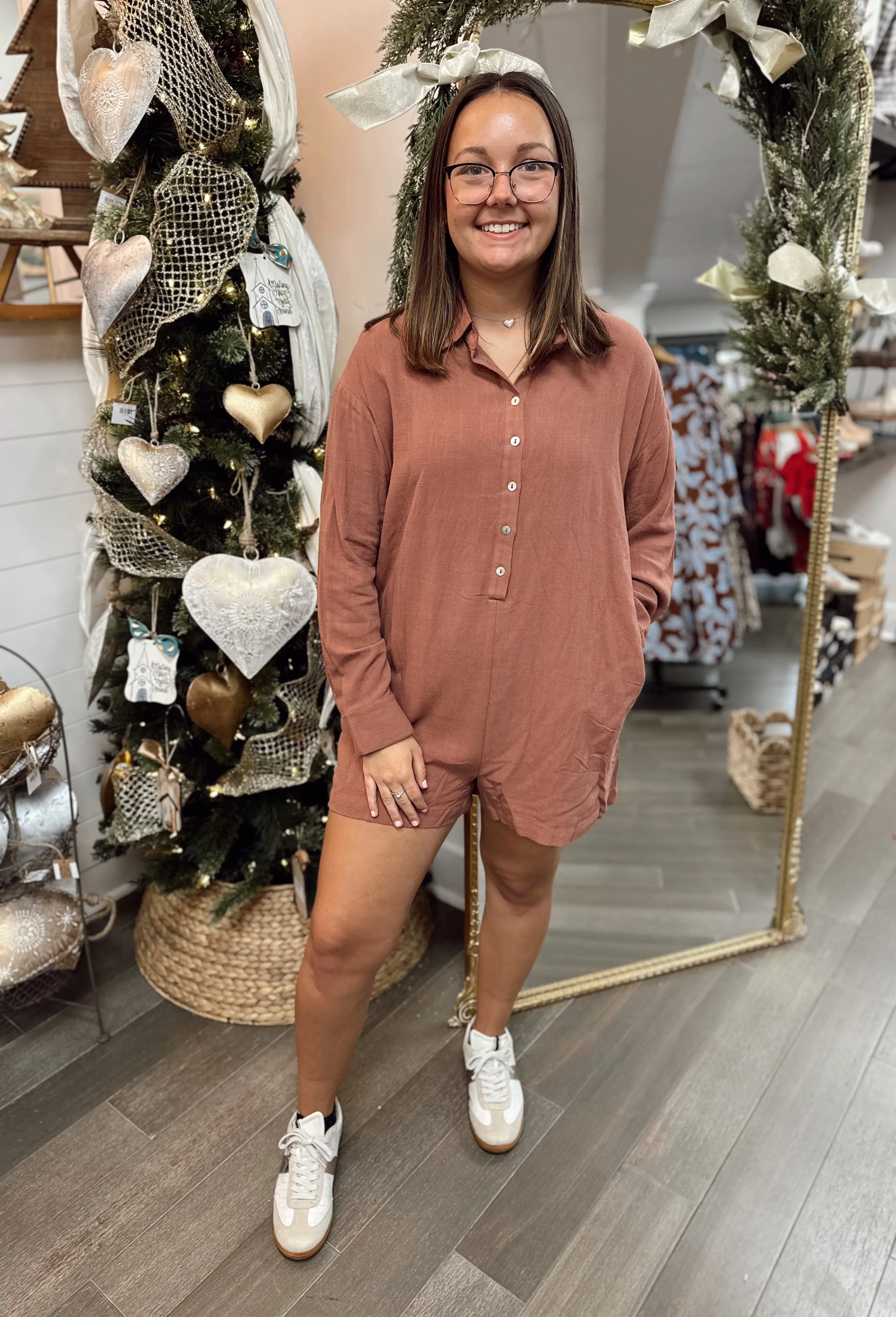 Button Up Romper - Brick