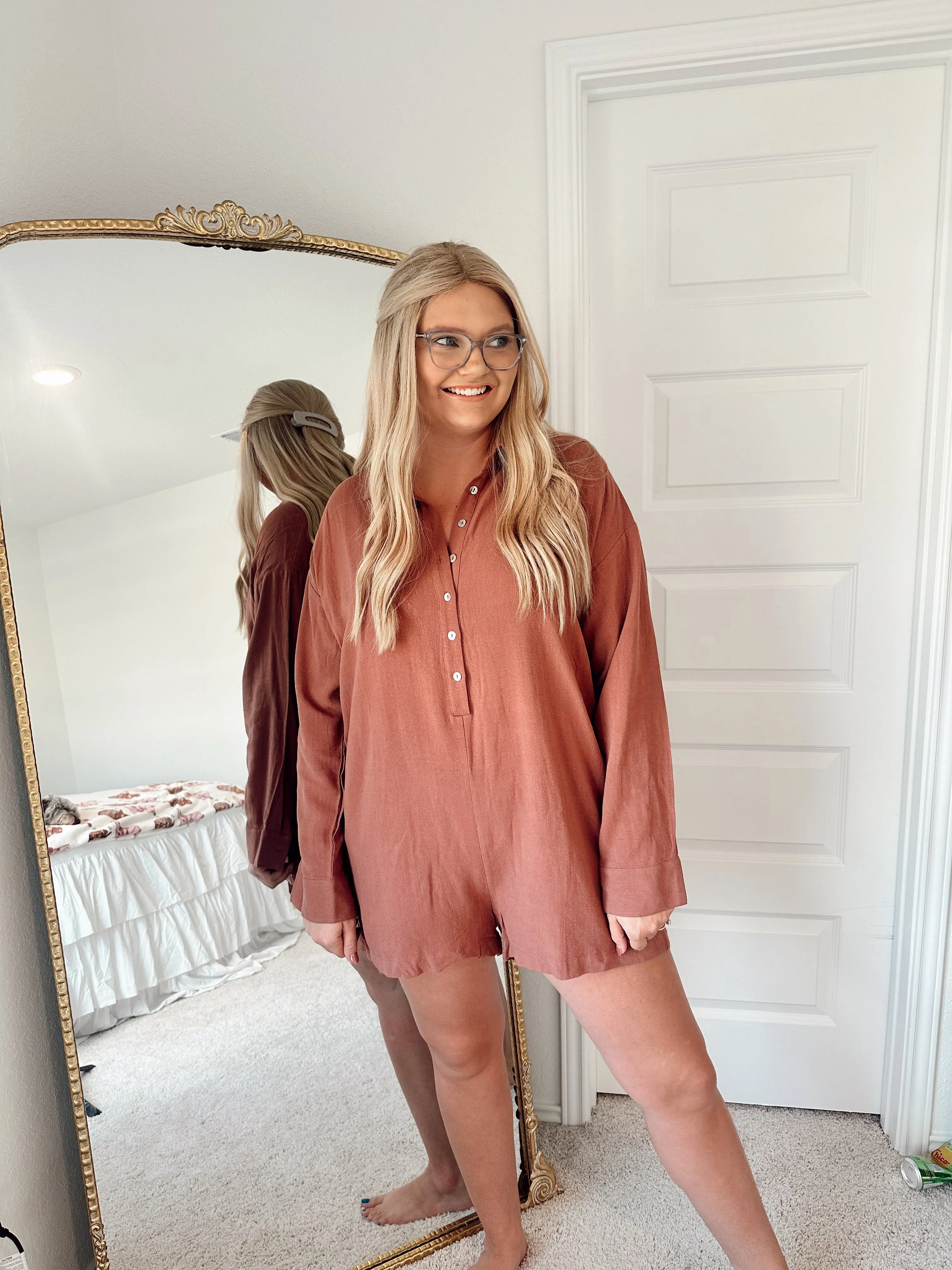 Button Up Romper - Brick