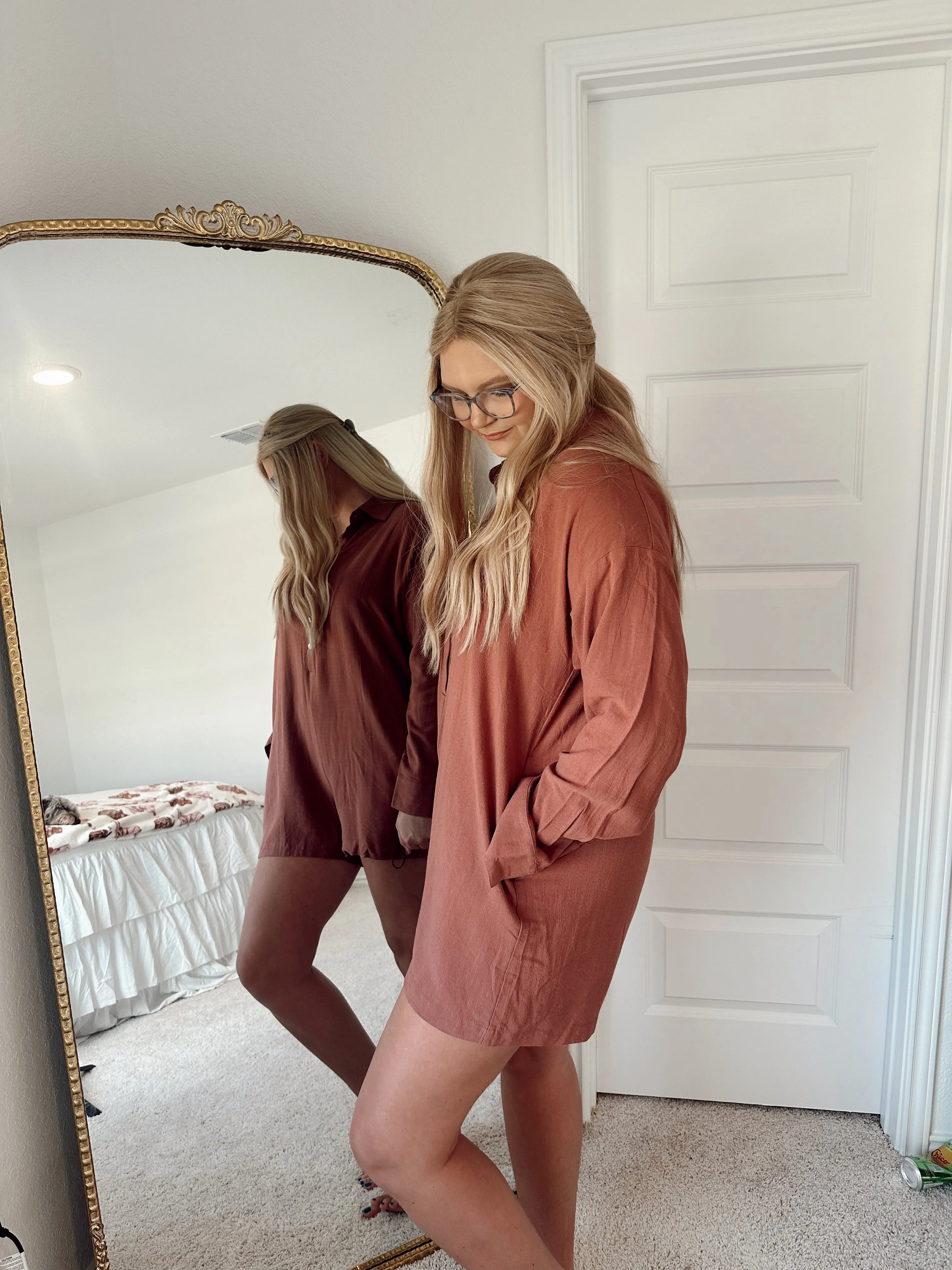 Button Up Romper - Brick