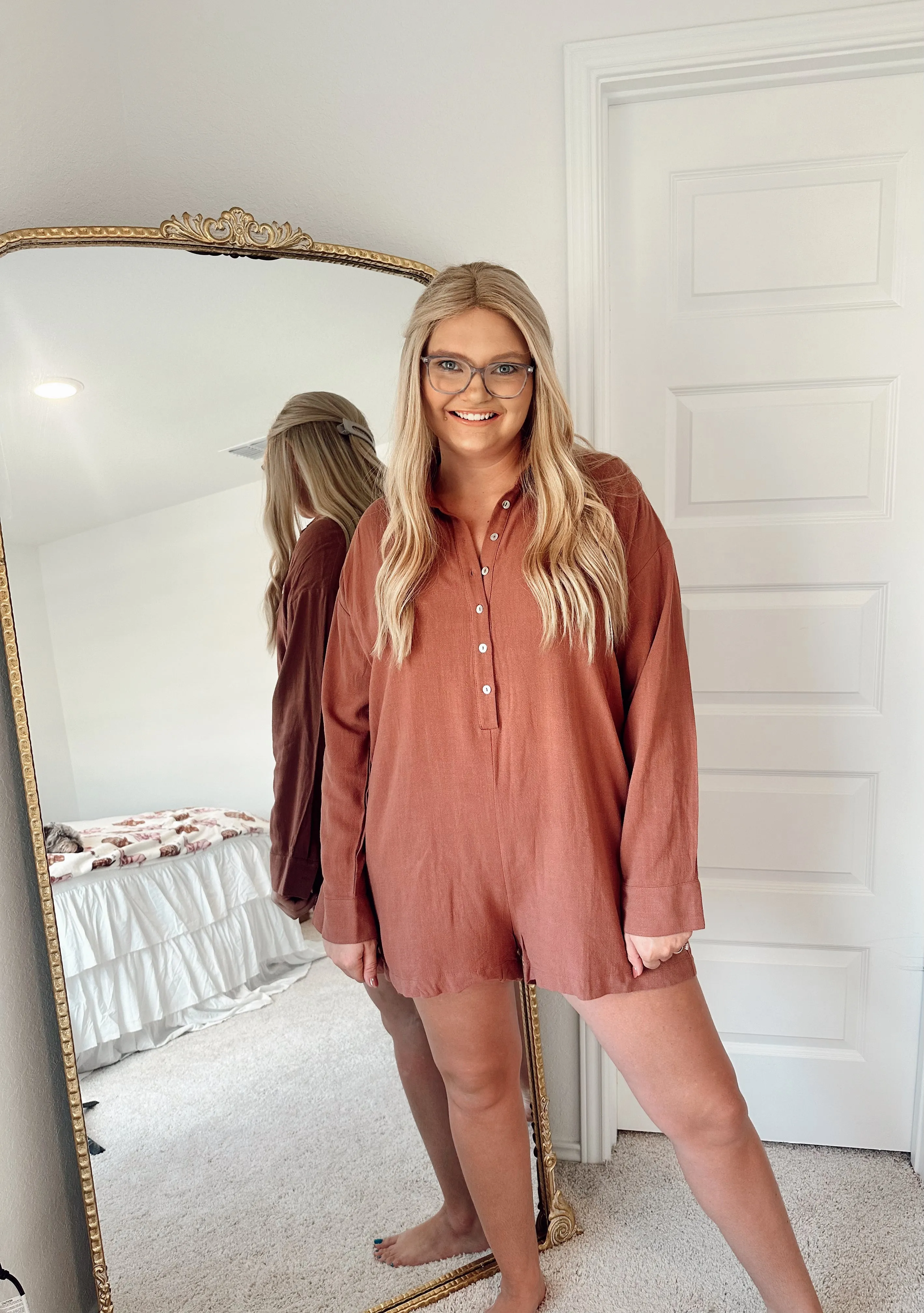 Button Up Romper - Brick
