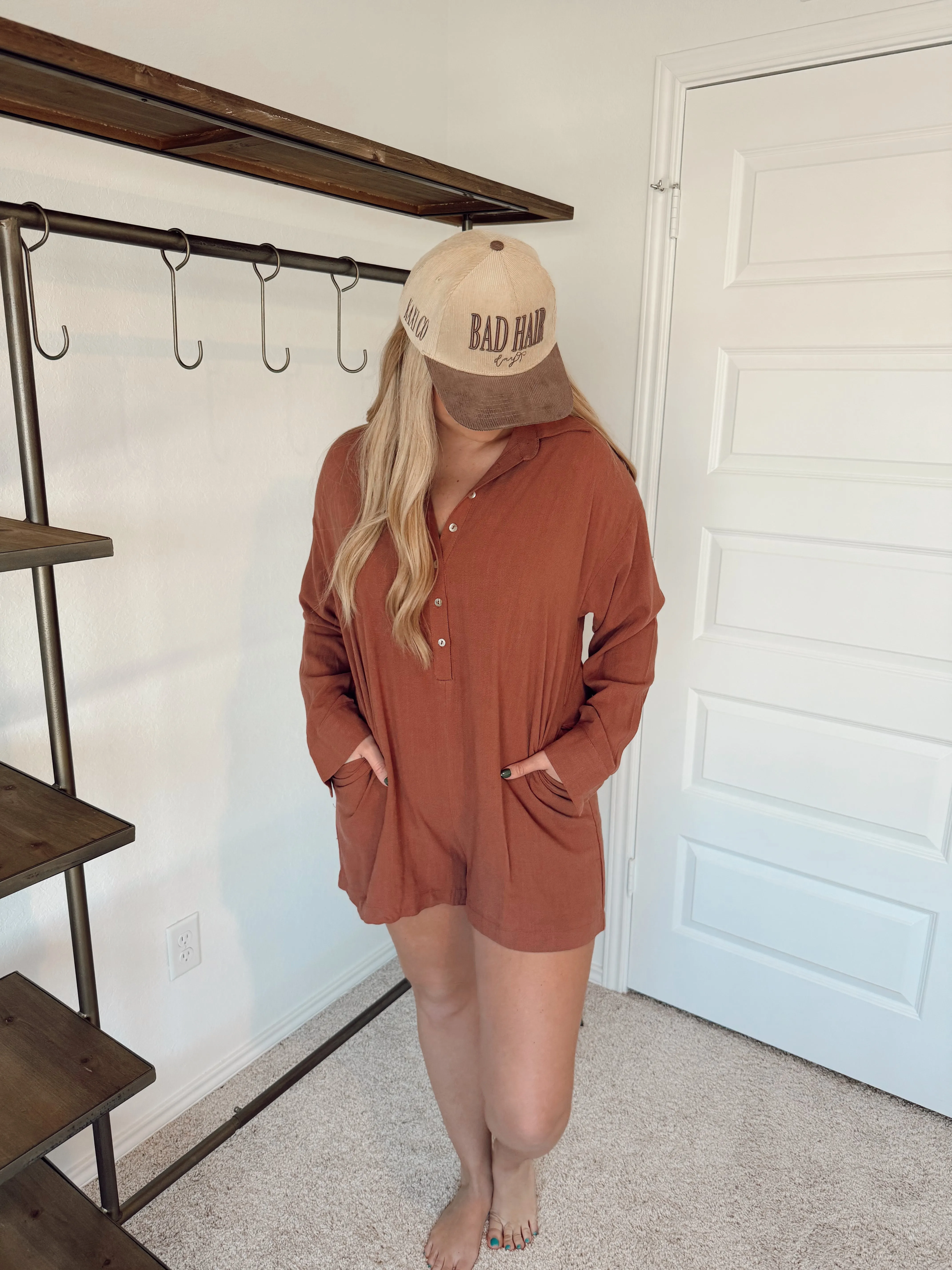 Button Up Romper - Brick