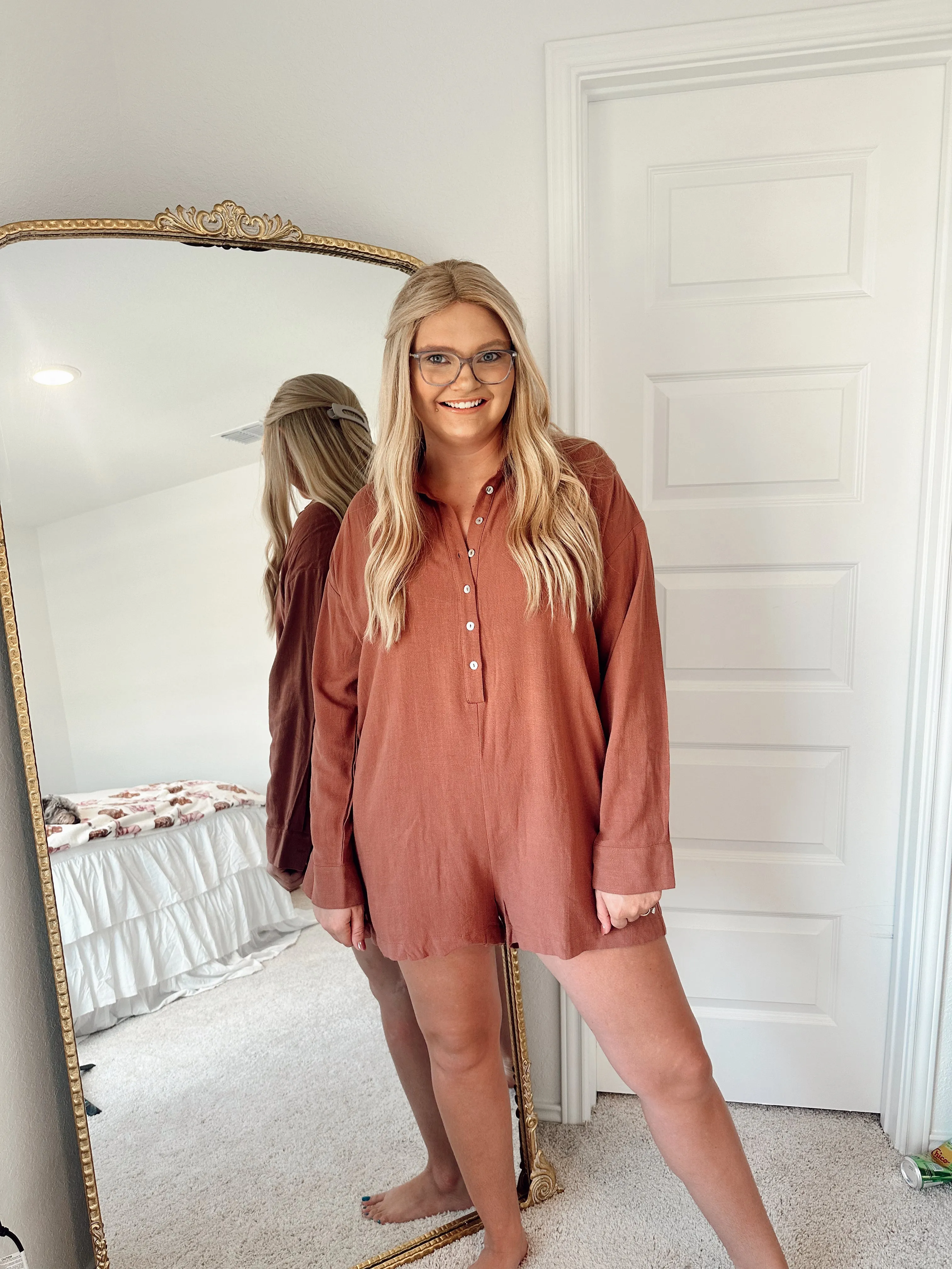 Button Up Romper - Brick