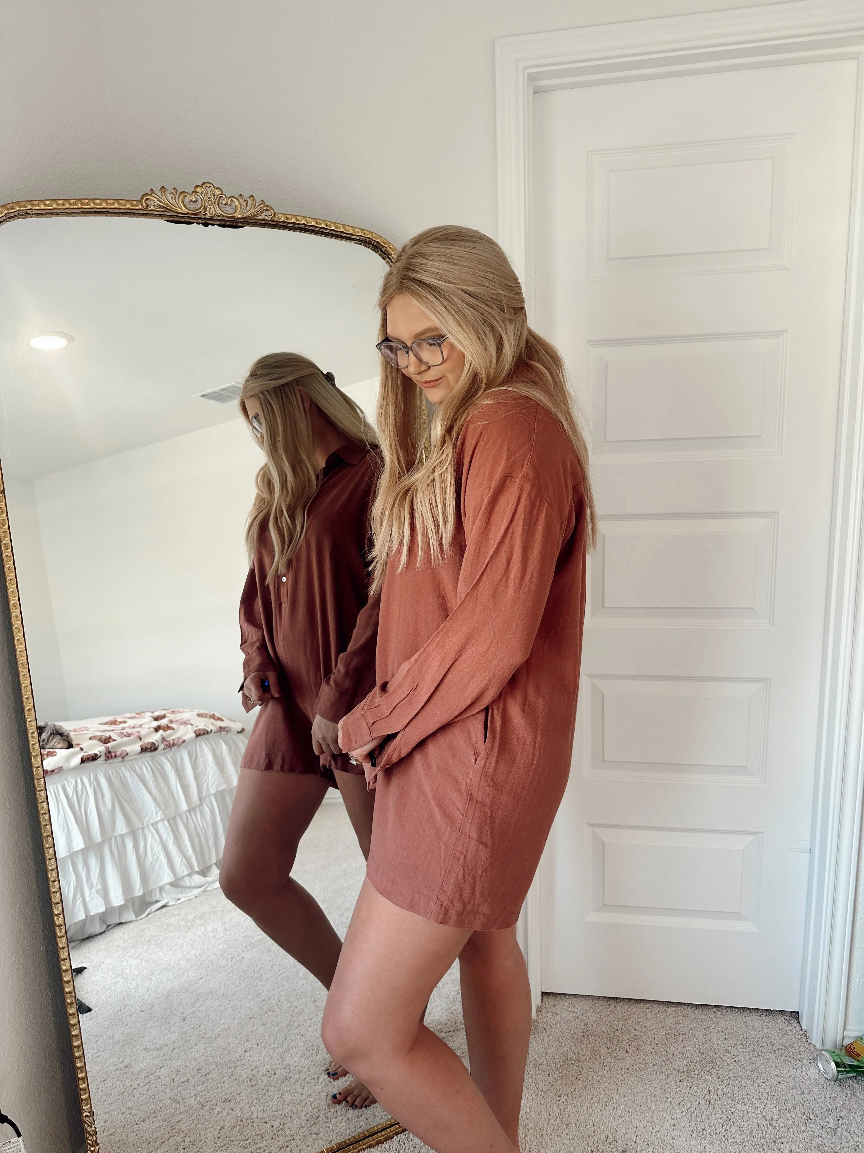 Button Up Romper - Brick