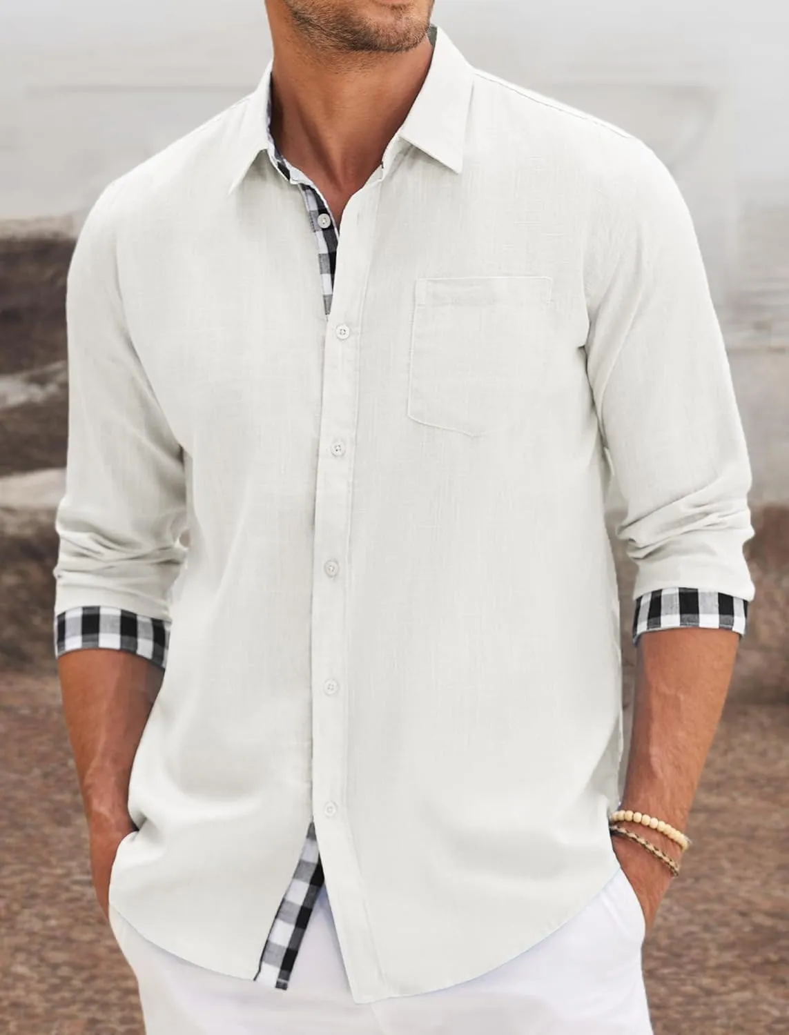 COOFANDY Men's Linen Shirt Business Casual Textured Shirt Button Up Beach Shirt