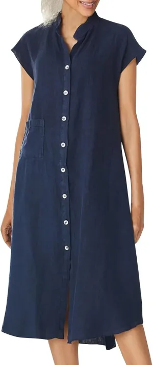 Dressy Cotton Linen Shirt Dress Women Cap Sleeve Stand Collar Work Midi Dress Summer Casual Button Up Beach Sundress
