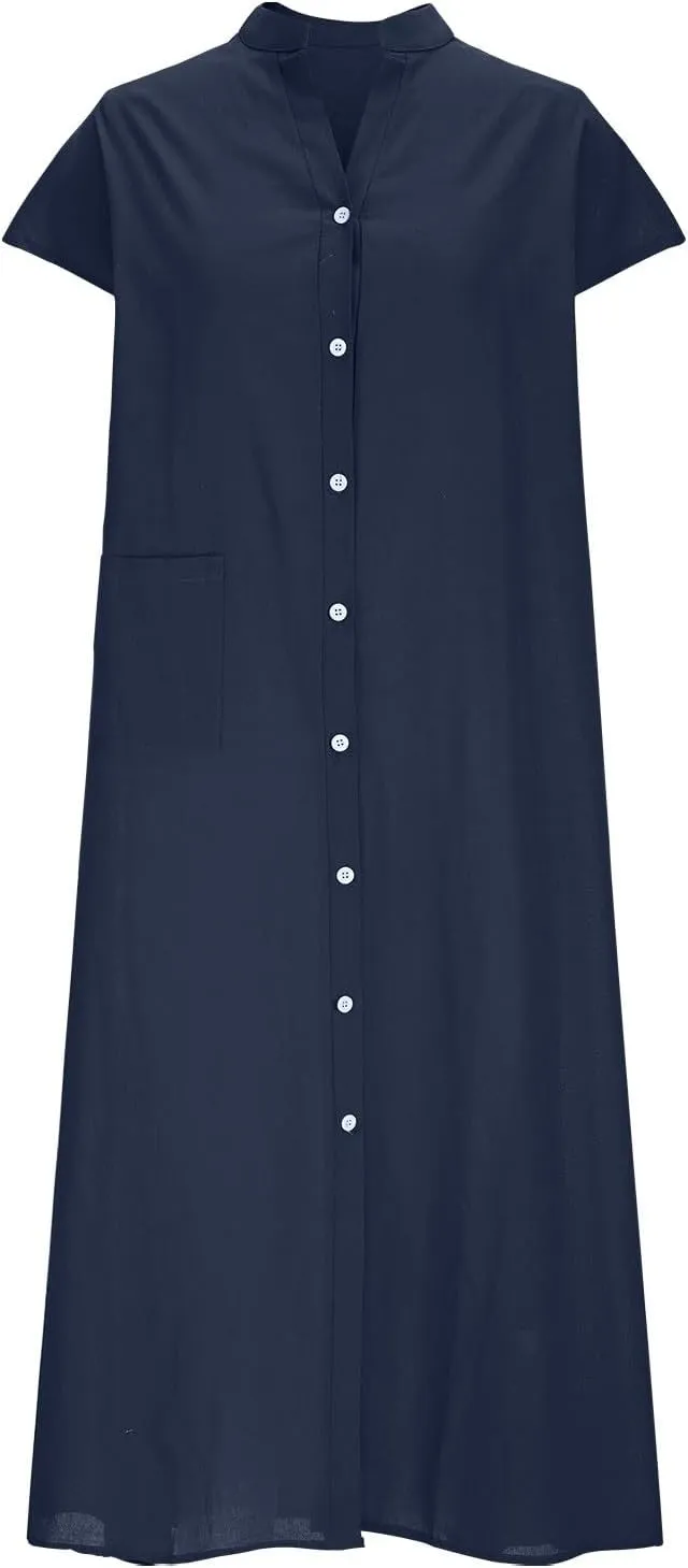 Dressy Cotton Linen Shirt Dress Women Cap Sleeve Stand Collar Work Midi Dress Summer Casual Button Up Beach Sundress