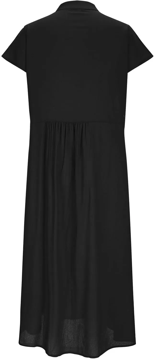 Dressy Cotton Linen Shirt Dress Women Cap Sleeve Stand Collar Work Midi Dress Summer Casual Button Up Beach Sundress