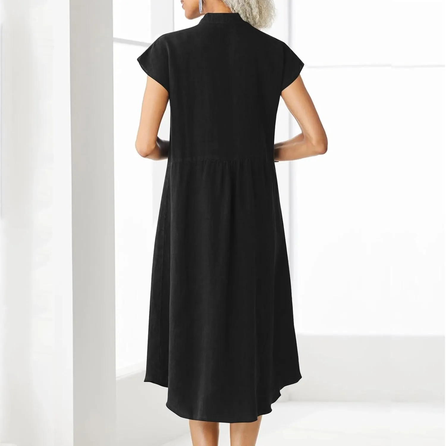 Dressy Cotton Linen Shirt Dress Women Cap Sleeve Stand Collar Work Midi Dress Summer Casual Button Up Beach Sundress