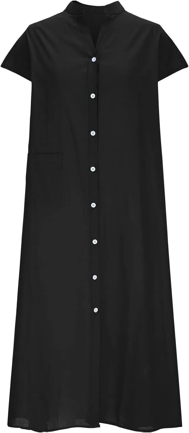 Dressy Cotton Linen Shirt Dress Women Cap Sleeve Stand Collar Work Midi Dress Summer Casual Button Up Beach Sundress