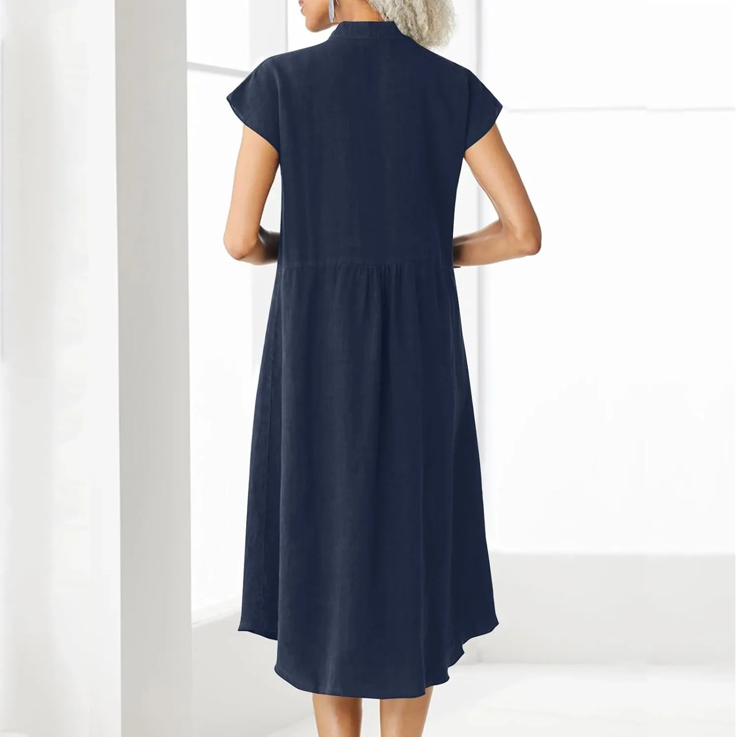 Dressy Cotton Linen Shirt Dress Women Cap Sleeve Stand Collar Work Midi Dress Summer Casual Button Up Beach Sundress