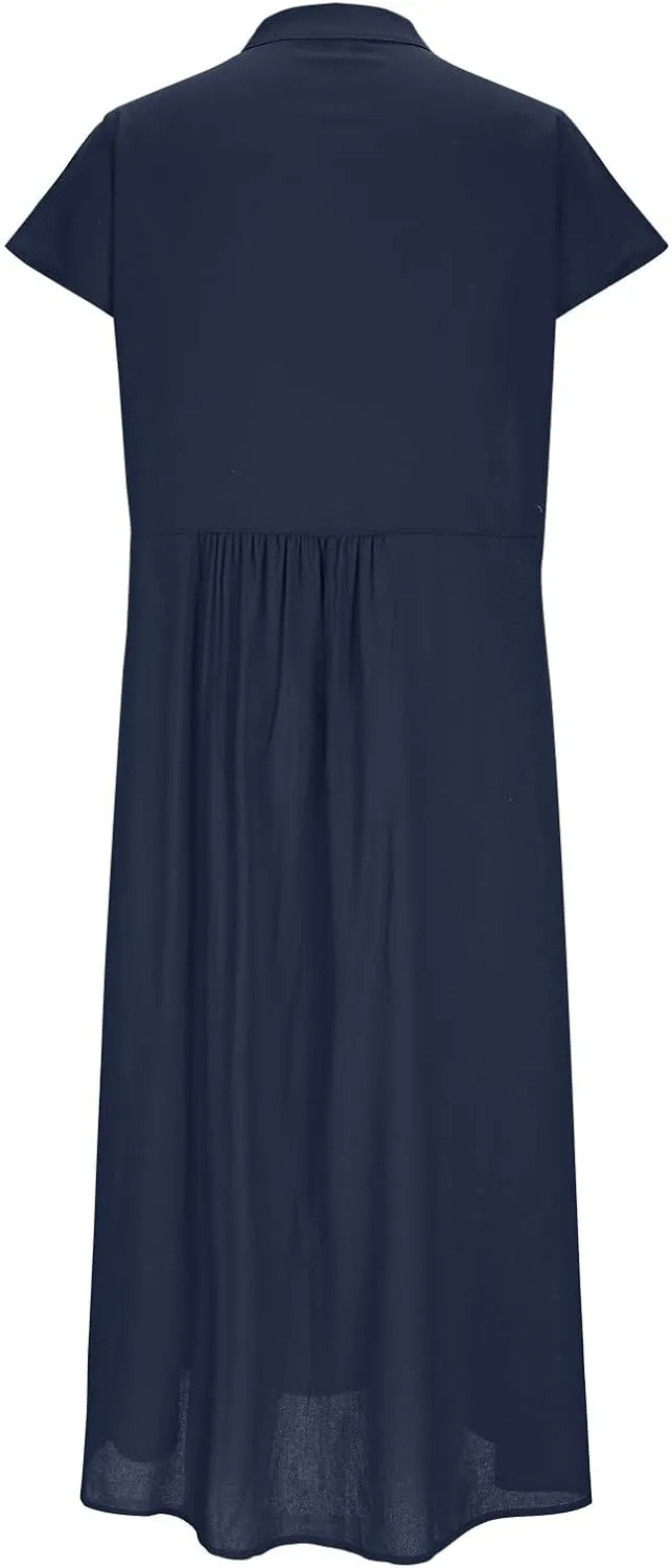 Dressy Cotton Linen Shirt Dress Women Cap Sleeve Stand Collar Work Midi Dress Summer Casual Button Up Beach Sundress