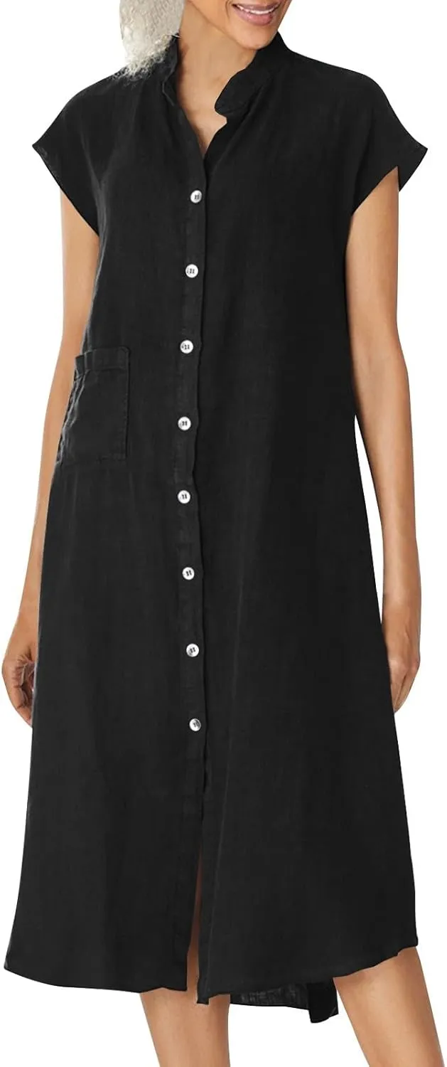 Dressy Cotton Linen Shirt Dress Women Cap Sleeve Stand Collar Work Midi Dress Summer Casual Button Up Beach Sundress