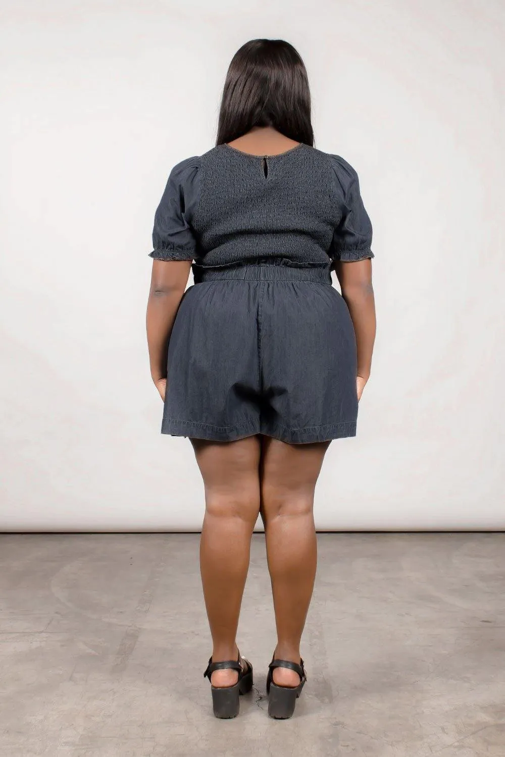 FLOWING PAPERBAG SHORTS - DARK BLUE CHAMBRAY - EXTENDED