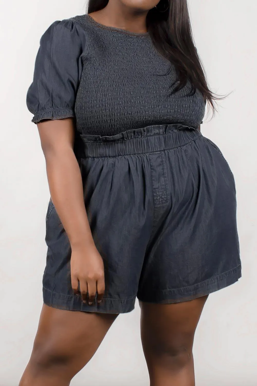 FLOWING PAPERBAG SHORTS - DARK BLUE CHAMBRAY - EXTENDED