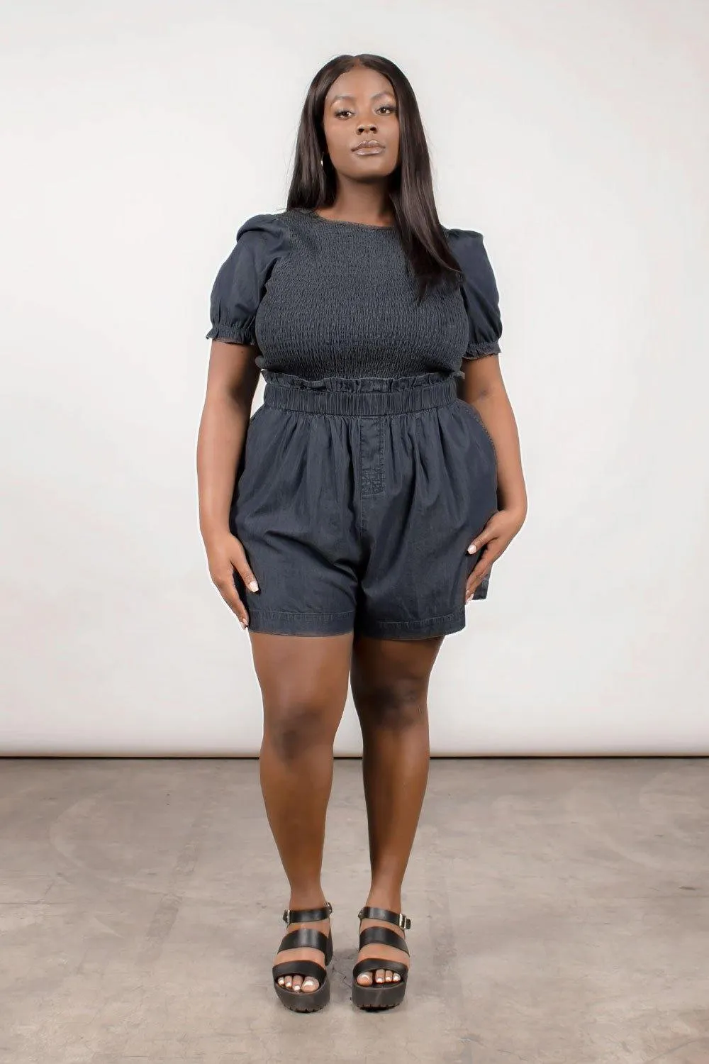 FLOWING PAPERBAG SHORTS - DARK BLUE CHAMBRAY - EXTENDED