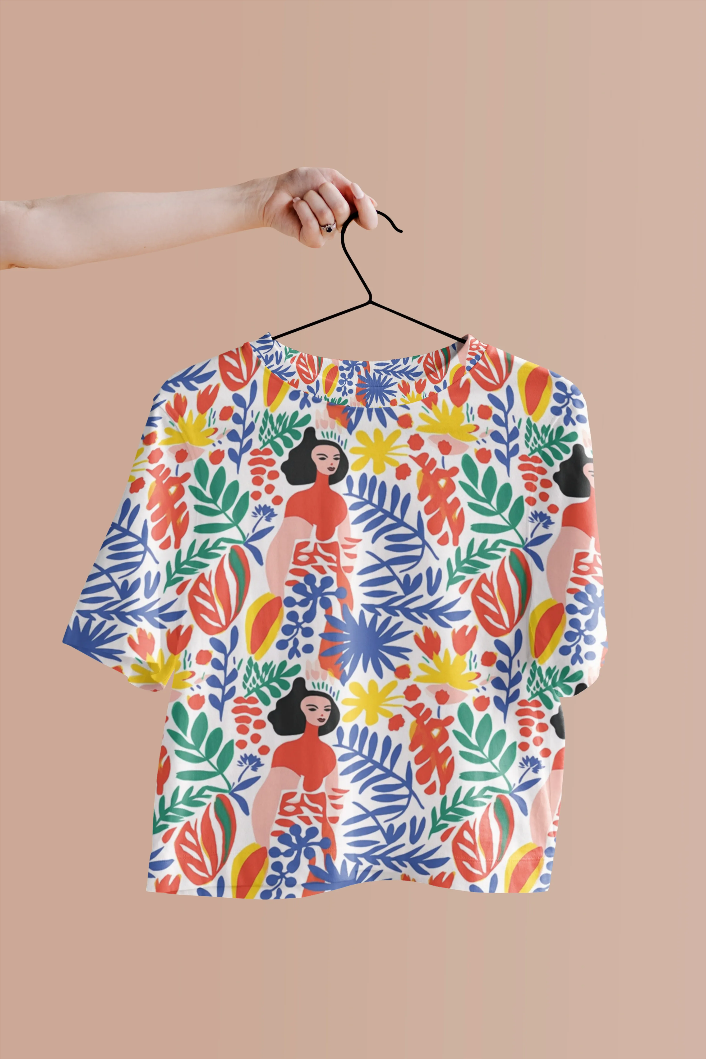 Grace in Bloom: Abstract Women and Leaf Motifs Print Crop Top