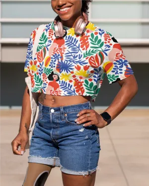 Grace in Bloom: Abstract Women and Leaf Motifs Print Crop Top