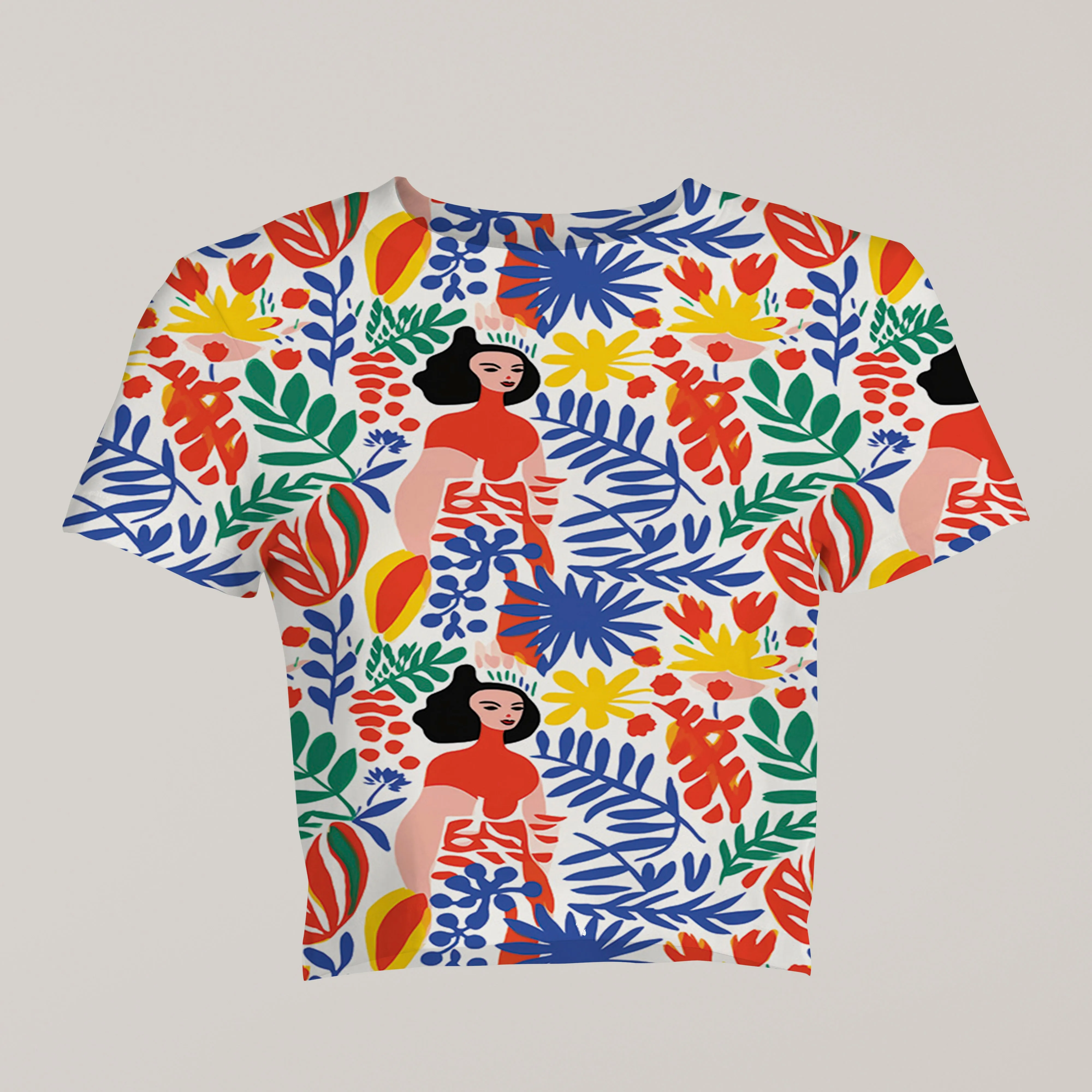 Grace in Bloom: Abstract Women and Leaf Motifs Print Crop Top