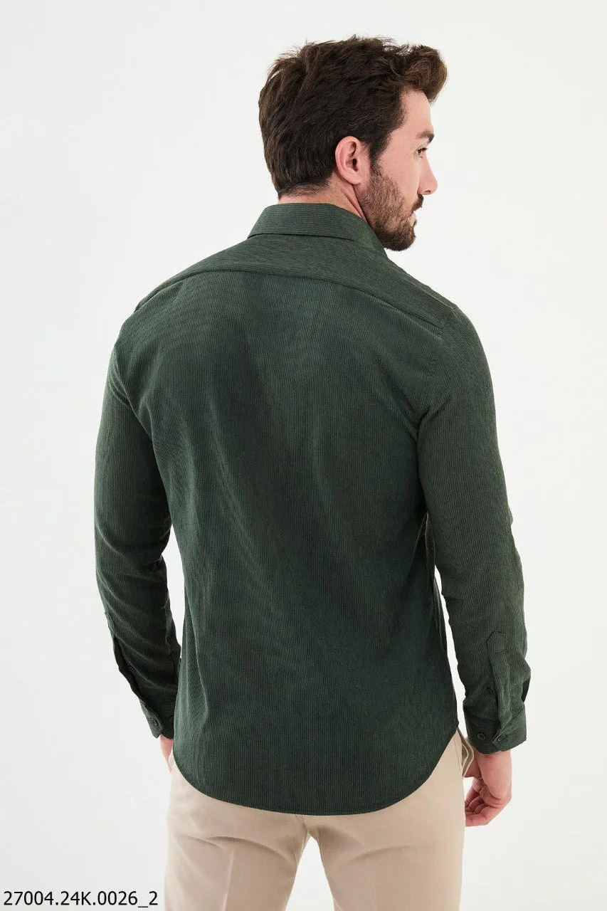 Green Khaki Corduroy Shirt with Dual Flap Pockets.