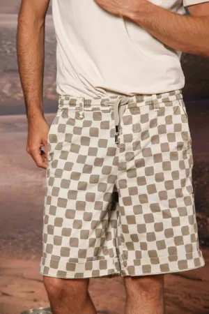 Khinos M74 bermuda chino uomo in gabardina di cotone e seta elasticizzata con stampa damier relaxed fit