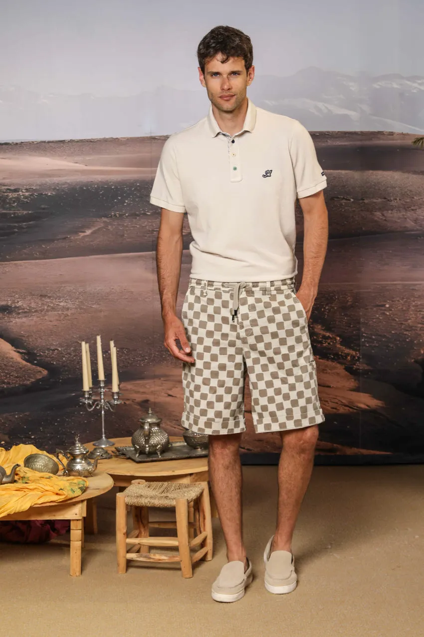 Khinos M74 bermuda chino uomo in gabardina di cotone e seta elasticizzata con stampa damier relaxed fit