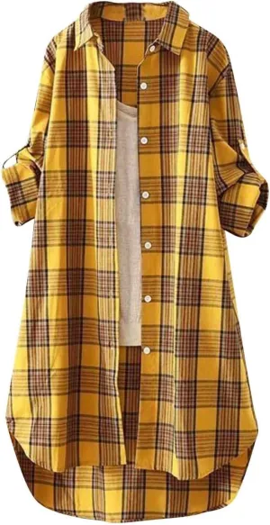 Plaid Long Shirts for Women 2025 Fashion Oversized Long Sleeve Button Up Collared Blouse Summer Casual Beach Cover Up