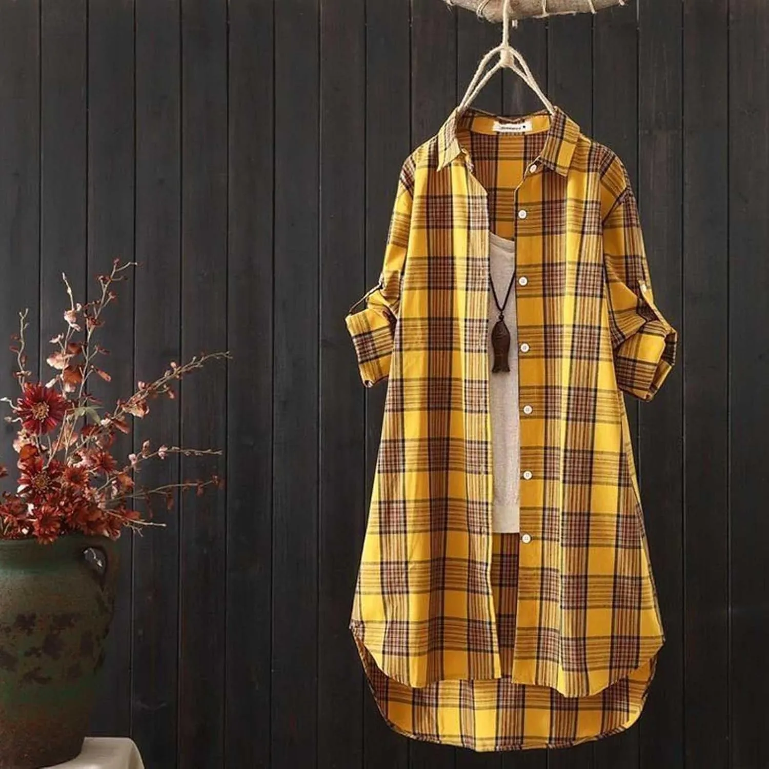 Plaid Long Shirts for Women 2025 Fashion Oversized Long Sleeve Button Up Collared Blouse Summer Casual Beach Cover Up