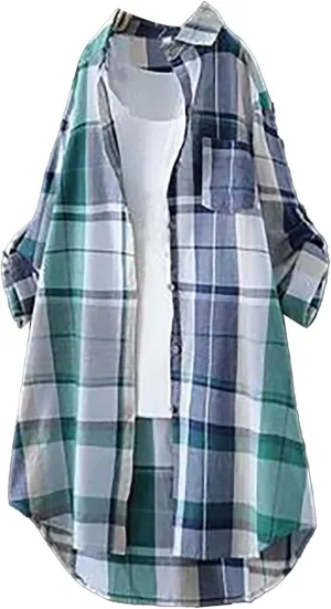 Plaid Long Shirts for Women 2025 Fashion Oversized Long Sleeve Button Up Collared Blouse Summer Casual Beach Cover Up