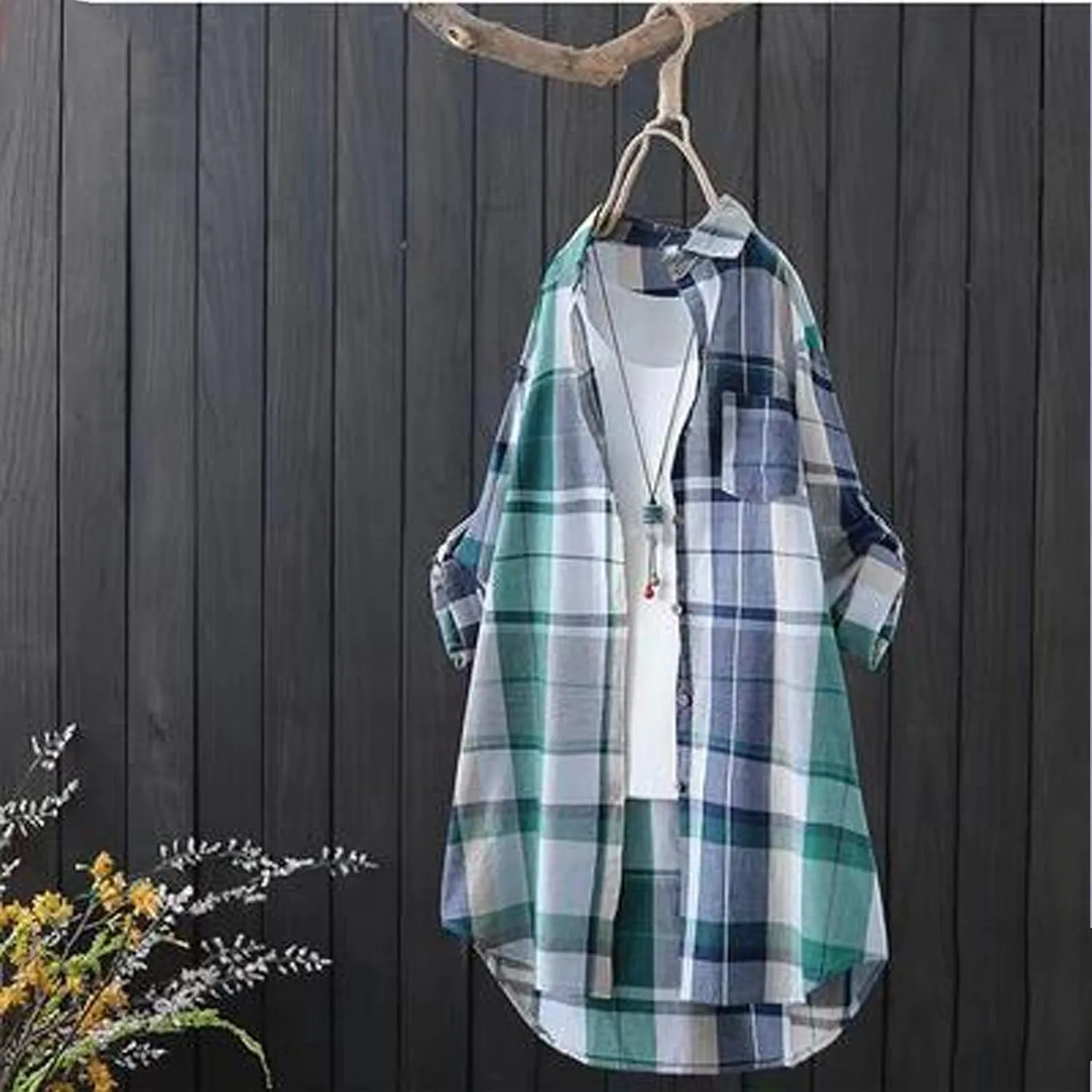 Plaid Long Shirts for Women 2025 Fashion Oversized Long Sleeve Button Up Collared Blouse Summer Casual Beach Cover Up