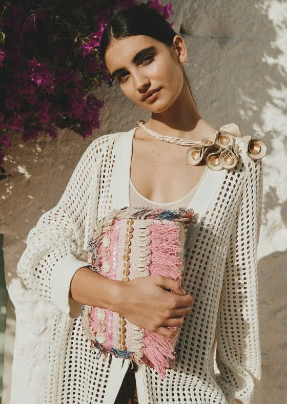Shell Embellished Canvas Crossbody Bag