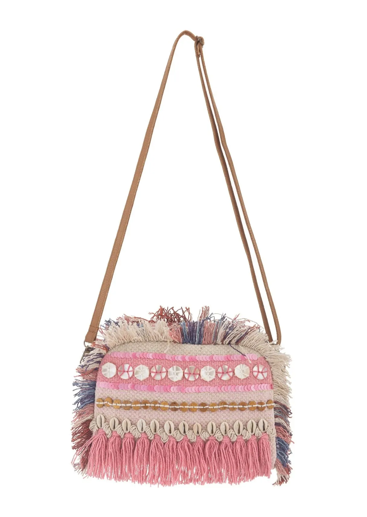 Shell Embellished Canvas Crossbody Bag