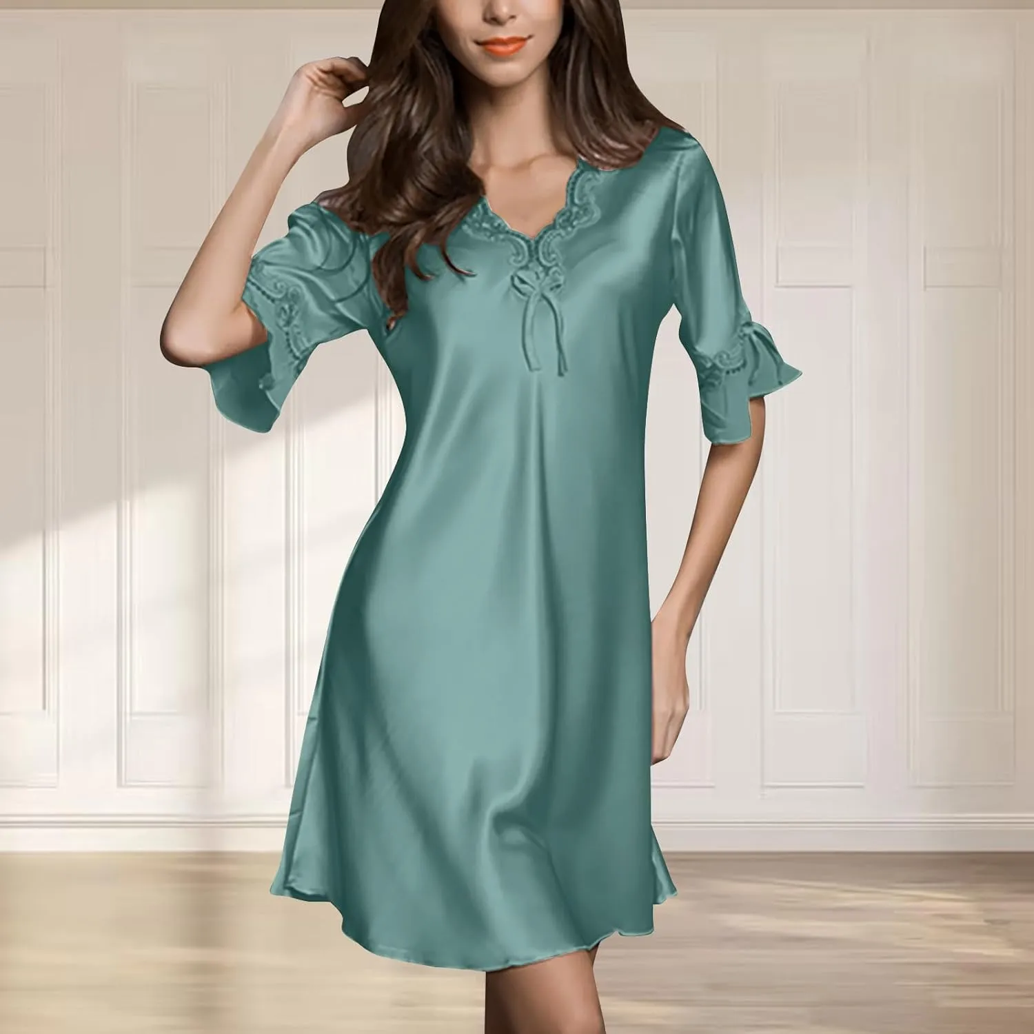 Silk Pajamas for Women Ruffle Half Sleeve Vneck Nightdress Mini Dress 2024 Sexy Satin Sleepwear Nightshirt Sleepdress