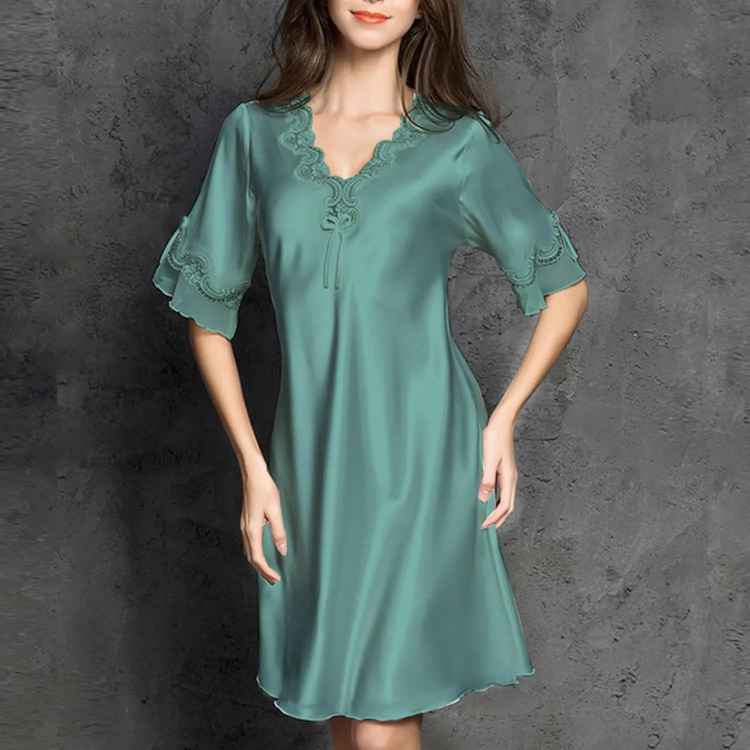 Silk Pajamas for Women Ruffle Half Sleeve Vneck Nightdress Mini Dress 2024 Sexy Satin Sleepwear Nightshirt Sleepdress