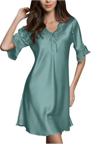 Silk Pajamas for Women Ruffle Half Sleeve Vneck Nightdress Mini Dress 2024 Sexy Satin Sleepwear Nightshirt Sleepdress