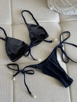 Simple Swimwear Two-Piece Lace-Up Shell-Embellished Swimwear Top & Black Lace-Up Swim Trunks Summer Beach