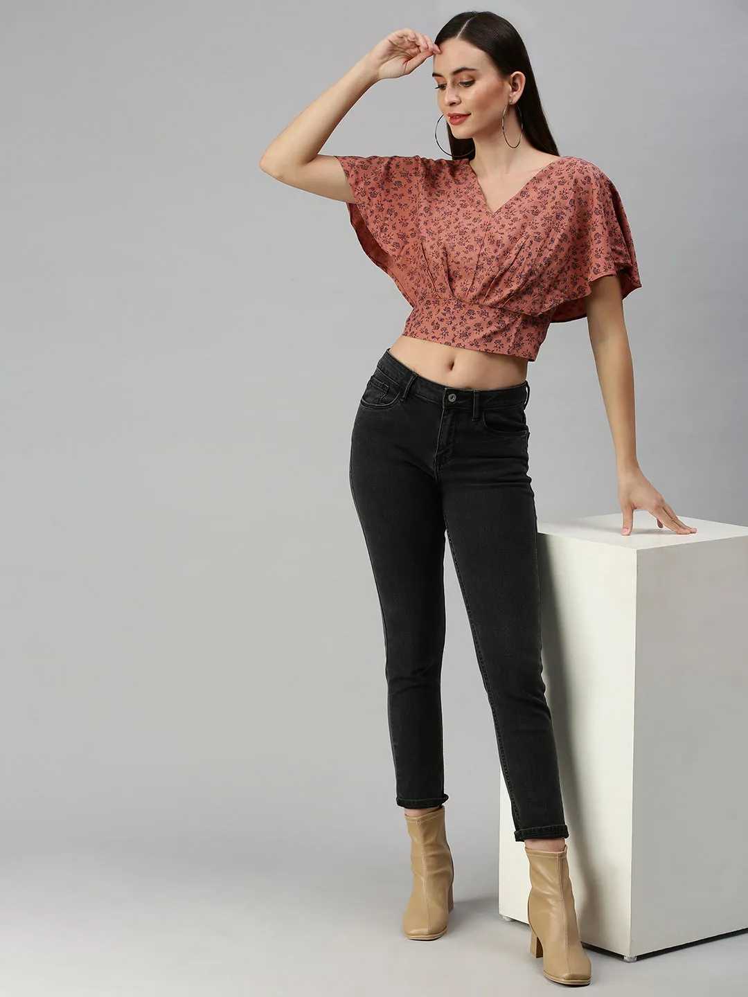 Women Brown Floral Print Crepe Blouson Crop Top