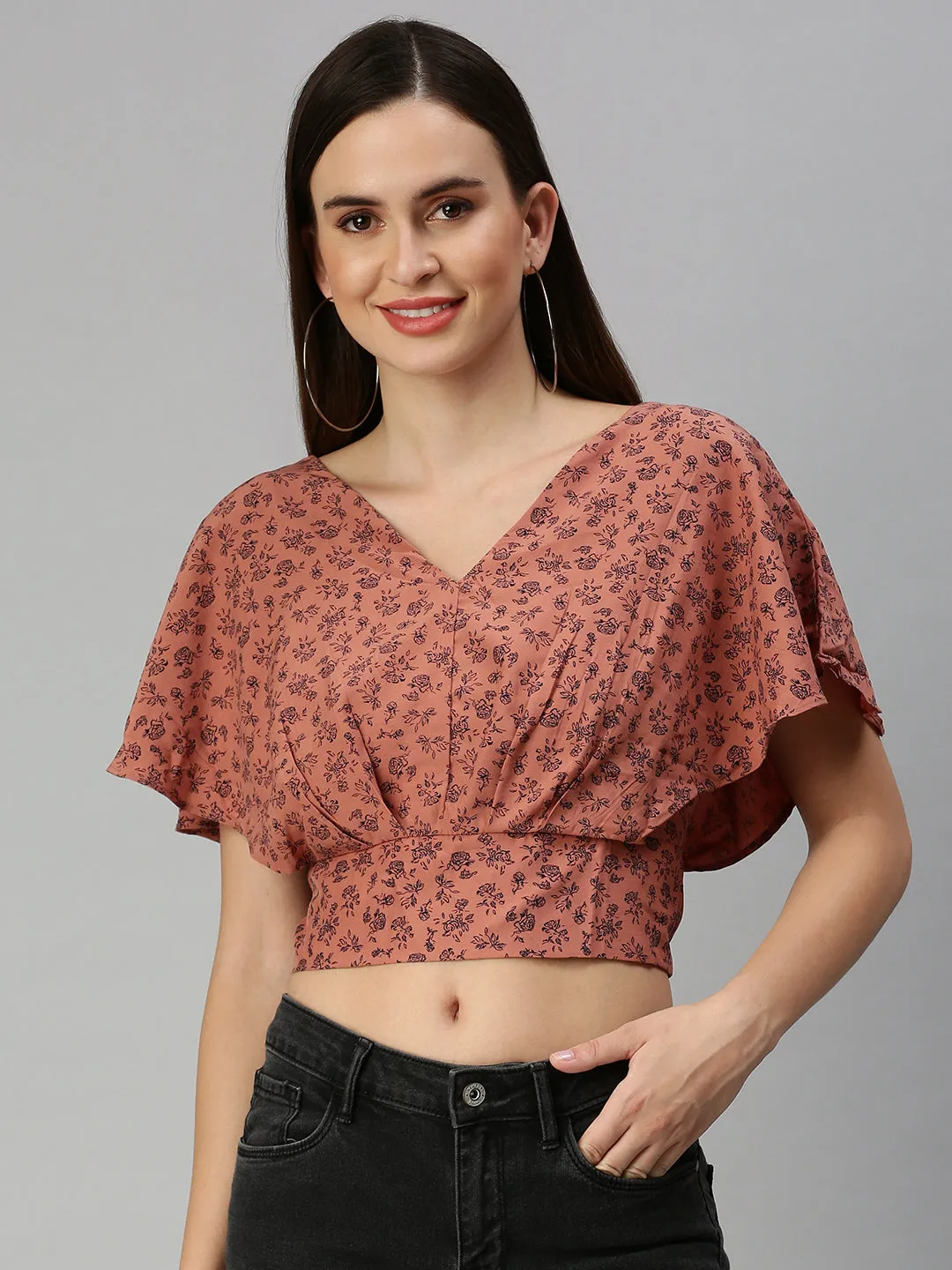 Women Brown Floral Print Crepe Blouson Crop Top