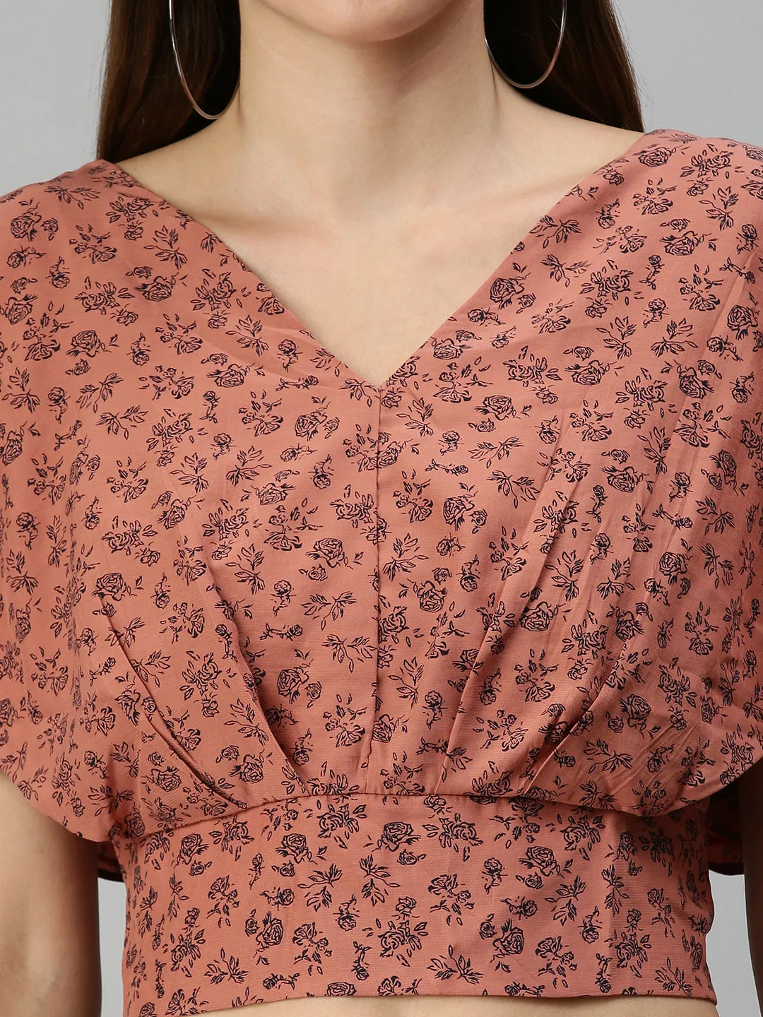 Women Brown Floral Print Crepe Blouson Crop Top