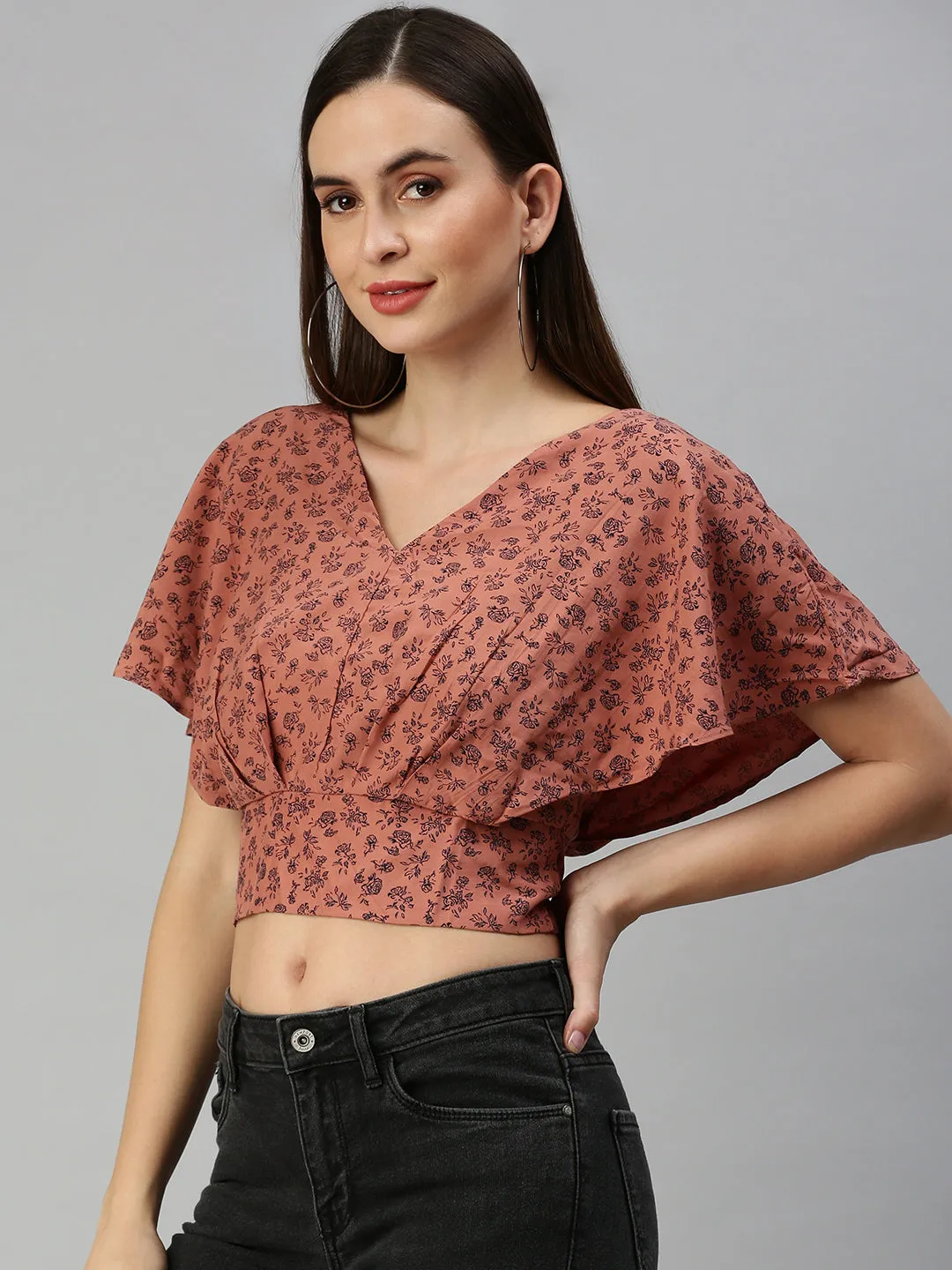 Women Brown Floral Print Crepe Blouson Crop Top