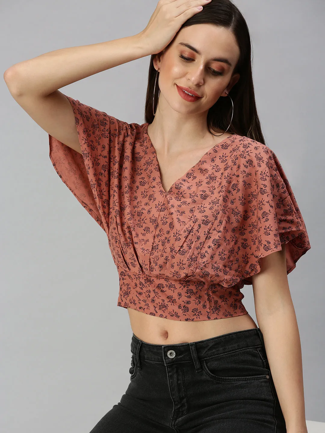 Women Brown Floral Print Crepe Blouson Crop Top