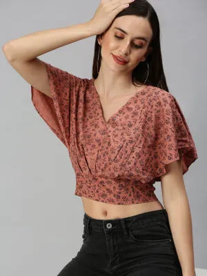 Women Brown Floral Print Crepe Blouson Crop Top