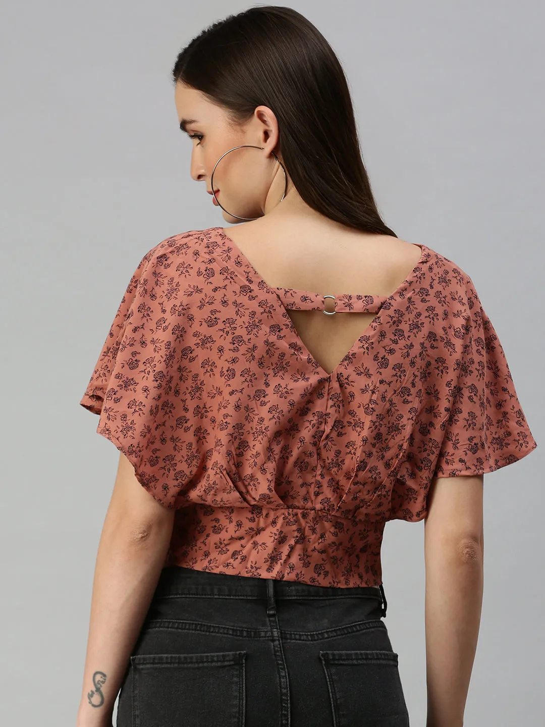Women Brown Floral Print Crepe Blouson Crop Top