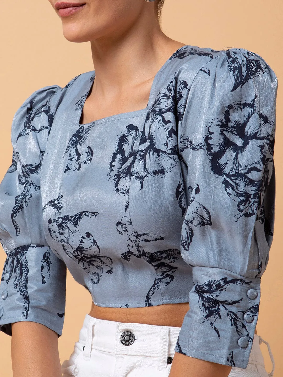 Women Grey Square Neck Cotton Top