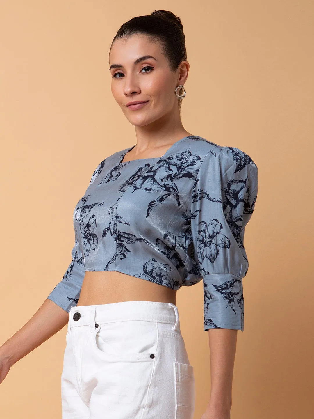 Women Grey Square Neck Cotton Top