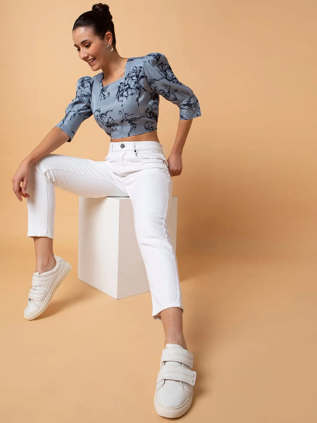 Women Grey Square Neck Cotton Top